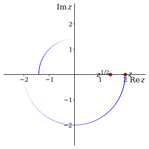 Two points moving in circles. The outer point, representing z, moves anticlockwise around the circle of radius 2, while the inner point represents the square root of z, moving anticlockwise around half of the circle of radius square root of 2. To maintain single-valuedness, it is forced to jump back to the start position once z returns to 2.