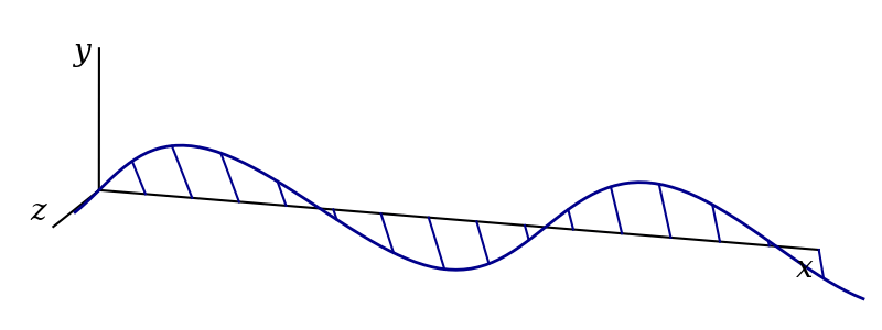 x, y and z axes are plotted in three dimensions. The x axis is long and pointing to the right, the y axis is short and pointing straight up, while the z-axis points towards the viewer. A wave is shown propagating to the right along the x-axis, with all displacement at a 45 degree angle between the y and z axes. Lines between the x-axis and the wave at fixed locations are plotted to emphasise that the displacement is neither parallel to the y axis or the z-axis. Each of these lines are, however, parallel to each other.