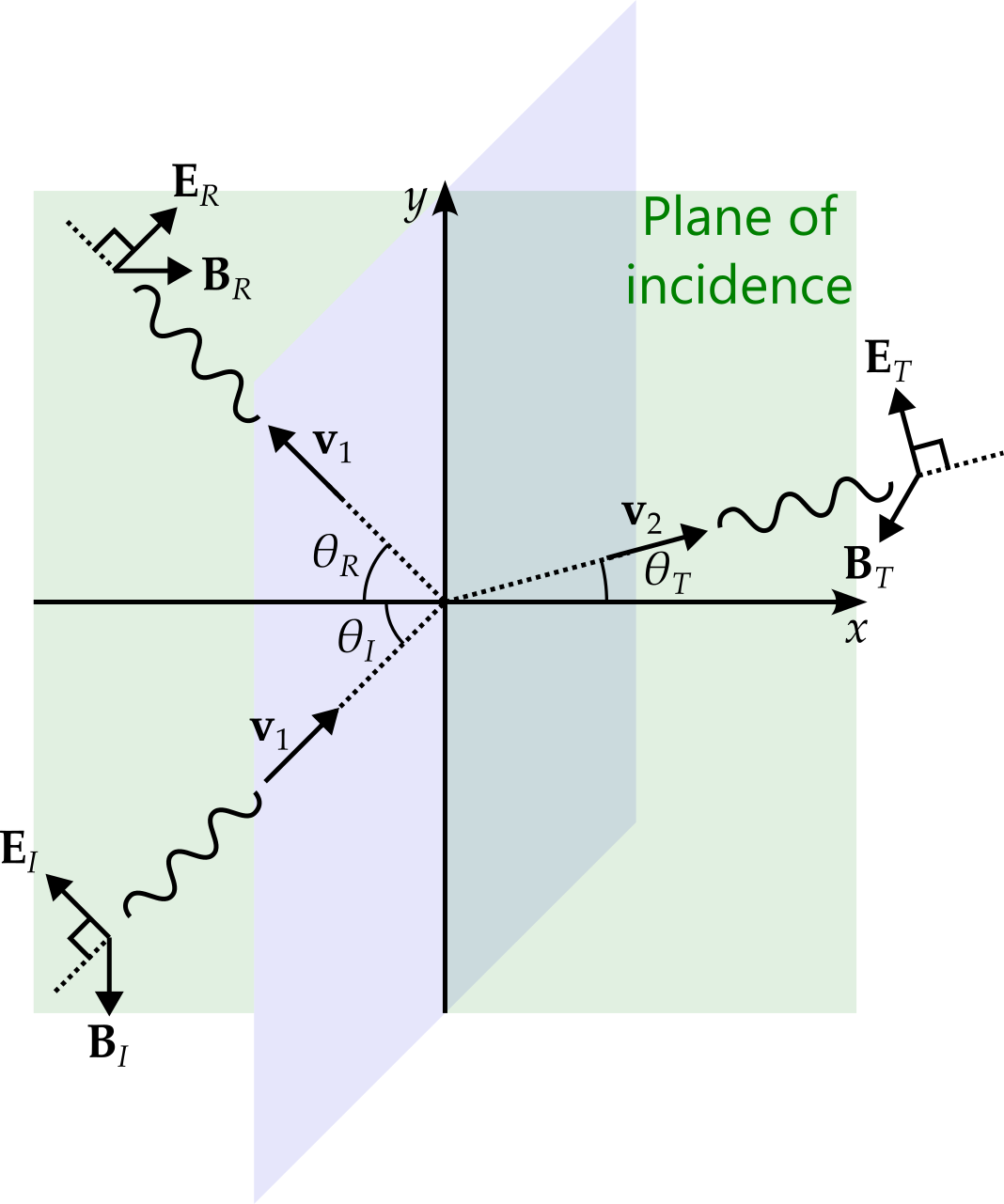 The x-axis points to the right, the y-axis upwards and the z-axis out of the page. A surface between two media is illustrated in blue in the plane of the y and z axes. The x-y plane is shaded in green and labelled as the plane of incidence. An incident wave is shown approaching the (blue) surface from the bottom left at an angle of 45 degrees (but labelled theta I). The electric component points up and to the left while the magnetic component points out of the page. The reflected wave leaves to the top left, also at an angle of 45 degrees (but labelled theta R). The electric component points up and to the right, while the magnetic component points into the page The transmitted wave leaves to the right and slightly upwards. (This angle is labelled as theta T.) The electric component points up and slightly to the left. The magnetic component points out of the page.